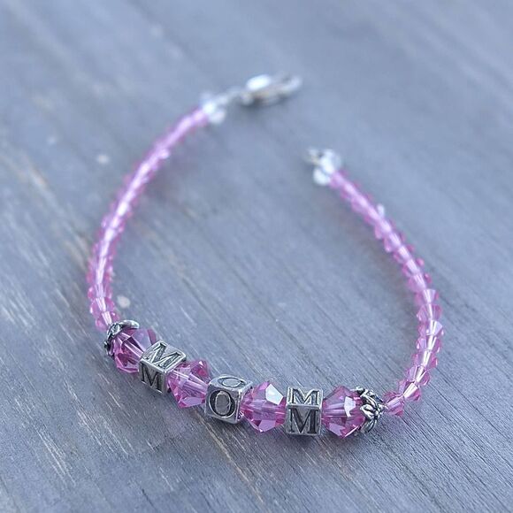 925 Sterling Silver Mom Bracelet Pink 7.5" Crystal and Cube Letter Beads